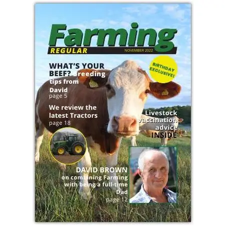 Personalised Farming Magazine Style Birthday Card with Cow and Tractor Design
