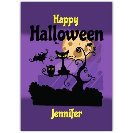 Personalised Happy Halloween Card with Black Cat Owl and Full Moon Design