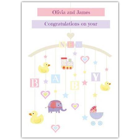 Personalised New Baby Congratulations Card with Nursery Mobile Design for Boys or Girls