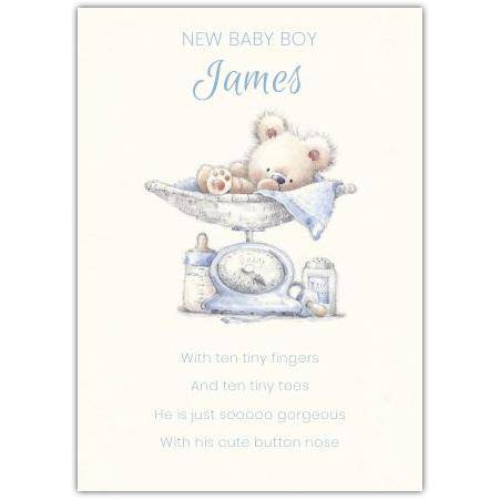 Personalised New Baby Boy Card with Teddy Bear and Baby Items Suitable for Birth or Christening