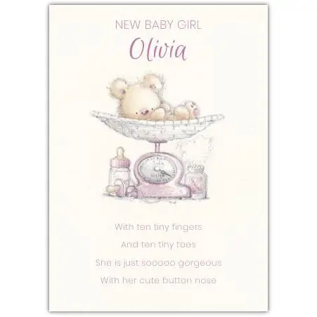 Personalised New Baby Girl Olivia Bear on Scale Newborn Baby Card