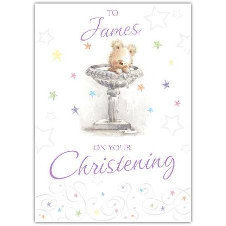 Personalised Christening Card with Teddy Bear in Birdbath Design for Baby or Child