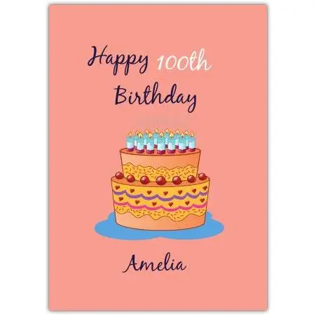 Personalised 100th Birthday Card with Illustrated Cake on Coral Background