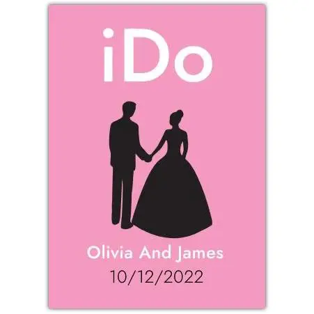 Personalised Wedding Card Pink I Do Couple Silhouette with Custom Names and Date