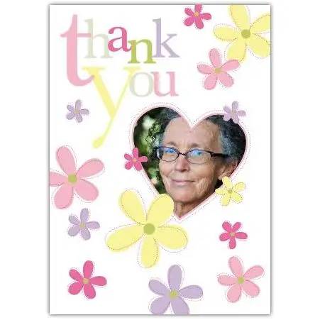 Personalised Thank You Card with Floral Design and Photo Insert in Heart Shape