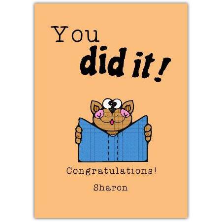 Personalised Congratulations Card You Did It Cat Reading Book Celebration