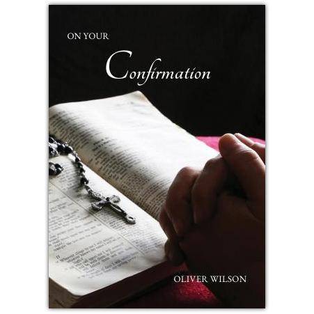 Confirmation Greeting Card with Bible and Rosary Prayerful Design Personalised Name Option
