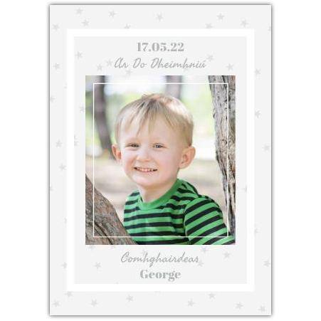 Personalised Christening or Baptism Card with Photo and Star Design in Irish Gaelic