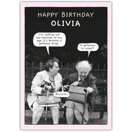 Humorous Personalised Happy Birthday Card with Older Ladies Tea and Biscuits Joke