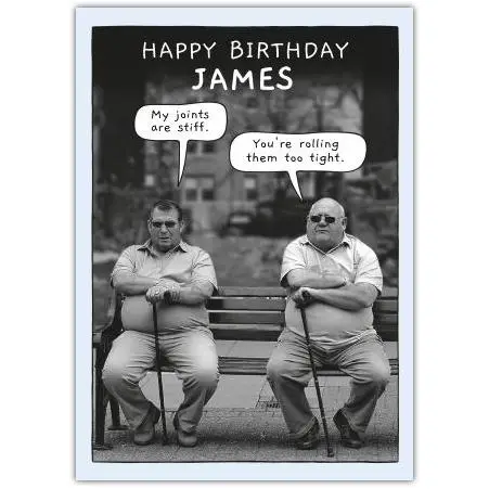 Personalised Humorous Happy Birthday Card for James with Funny Old Men Conversation Design