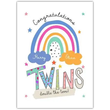 Personalised Congratulations Twins Card with Rainbow and Stars New Baby Double the Love