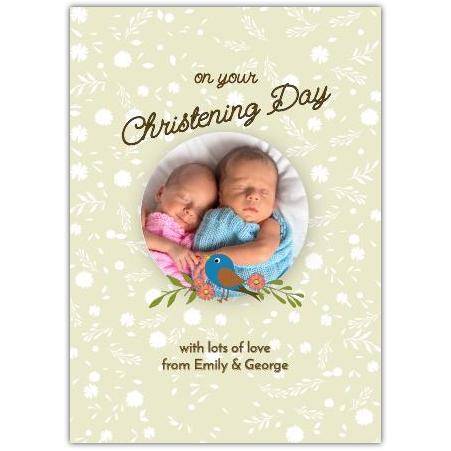 Personalised Christening Day Card with Sleeping Babies and Floral Design