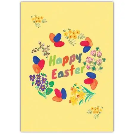 Happy Easter Card with Colourful Flowers and Painted Eggs on Yellow Background