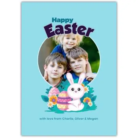 Personalised Happy Easter Photo Card with Cute Bunny and Eggs Design