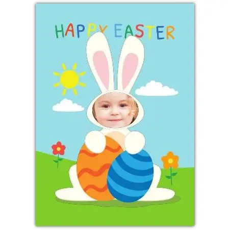 Personalised Happy Easter Card with Bunny and Colourful Eggs Photo Insert