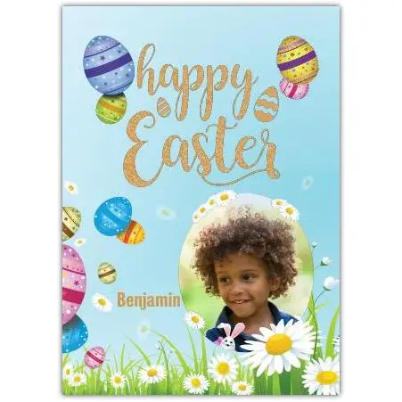 Personalised Happy Easter Card with Photo and Colourful Easter Eggs Design