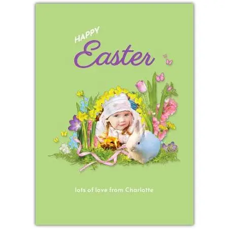 Personalised Happy Easter Card with Child and Bunny Floral Design