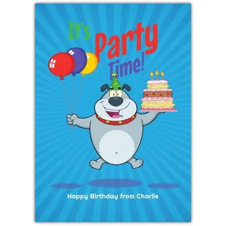 Personalised Birthday Card with Cartoon Dog Holding Cake and Balloons Party Time Design