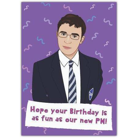 Fun Political Birthday Card Featuring New Prime Minister Illustration on Purple Background
