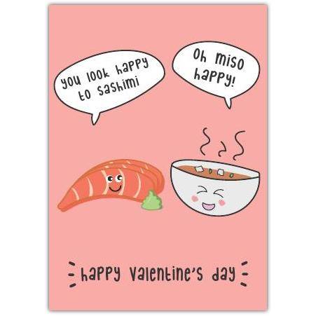 Funny Sushi Pun Happy Valentines Day Card with Sashimi and Miso Soup Characters