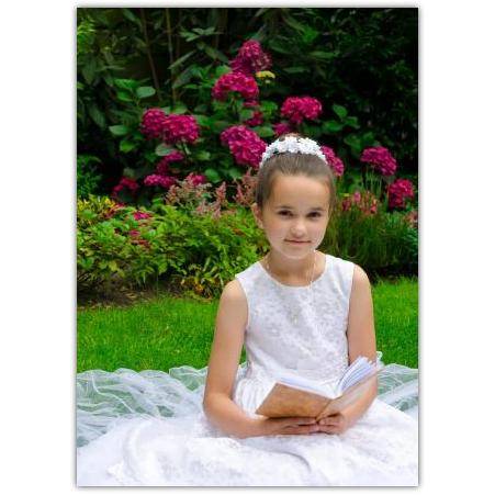 First Holy Communion Girl in White Dress with Prayer Book Greeting Card