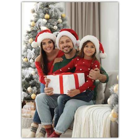Personalised Family Christmas Photo Card with Festive Hats and Gift Present by Tree