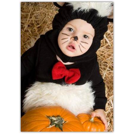 Baby in Skunk Costume with Pumpkins Greeting Card for Halloween and Autumn Celebration