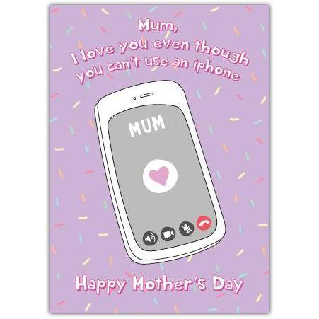 Funny Mother's Day Card for Mum About Not Using an iPhone Purple Confetti Design