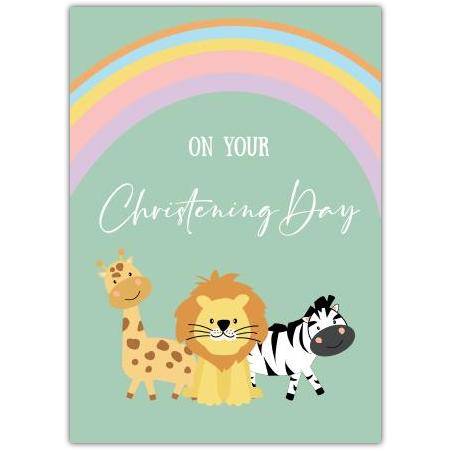 Christening Day Card with Cute Safari Animals and Pastel Rainbow Design