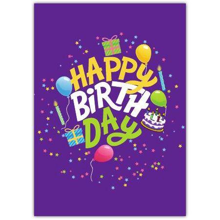 Happy Birthday Colourful Balloons Cake and Presents Card