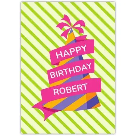 Personalised Birthday Card with Colourful Party Hat on Green Striped Background