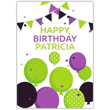 Personalised Happy Birthday Card with Green and Purple Balloons and Bunting Design