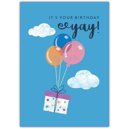 Birthday Card with Balloons and Gift Box Design on Blue Background