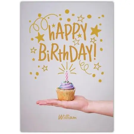 Personalised Happy Birthday Cupcake Card with Gold Foil Stars and Confetti Design