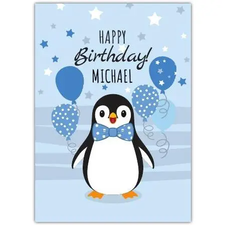 Personalised Blue Penguin Birthday Card with Balloons and Stars for Kids