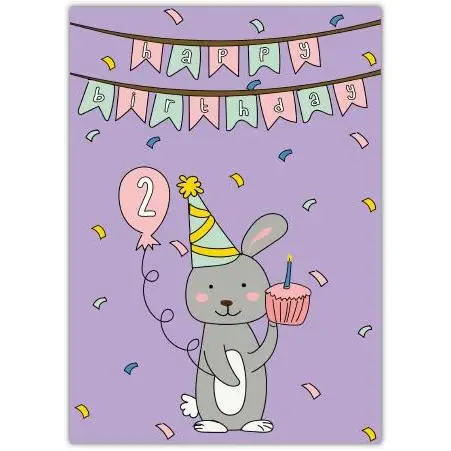 2nd Birthday Rabbit With Cupcake Card