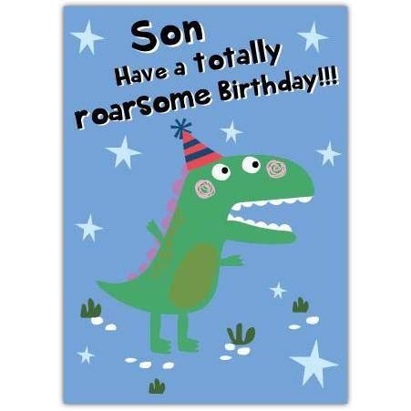 Son Birthday Card with Roarsome Dinosaur Design for Kids Celebration
