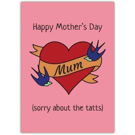 Funny Mother's Day Card for Mum with Heart and Tattoo Design on Pink Background
