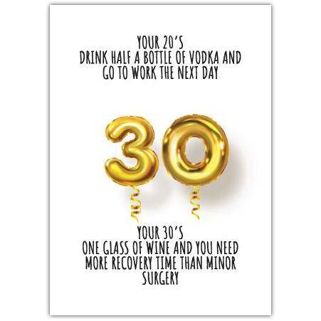 Humorous 30th Birthday Card with Gold Balloon Numbers and Age Recovery Joke