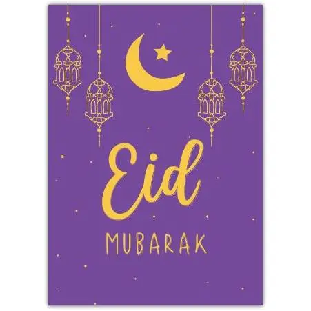 Eid Mubarak Greeting Card with Crescent Moon and Lanterns Design