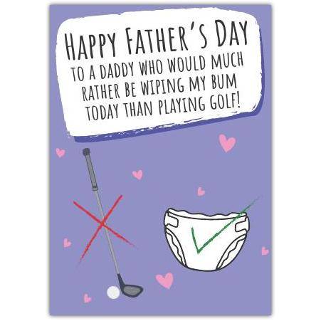 Humorous Fathers Day Card for New Dads Golf and Baby Diaper Theme