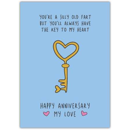Funny Romantic Anniversary Card with Heart Key Illustration and Humorous Message