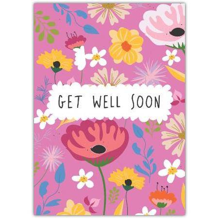 Get Well Soon Card Bright Floral Pink Background with Personalised Option