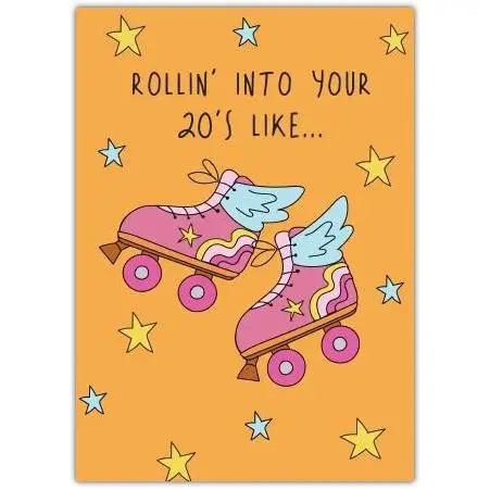 Roller Skates 20th Birthday Card with Fun Winged Design and Stars