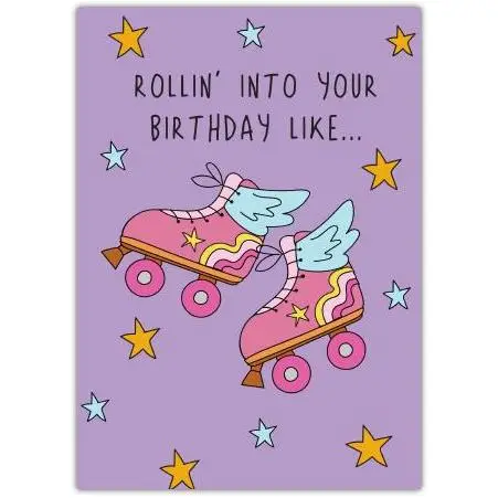 Roller Skates Birthday Card with Retro Wings and Stars Fun Design