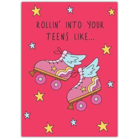 Roller Skates Teens Birthday Card with Stars Fun Pink Retro Design
