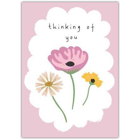 Thinking of You Card with Pastel Wildflowers on Pink Background