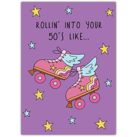 Roller Skates 50th Birthday Card with Wings and Stars Fun Retro Design
