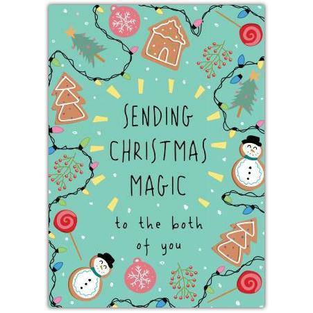 Sending Christmas Magic to Both of You Festive Holiday Greeting Card with Cookies and Lights Design