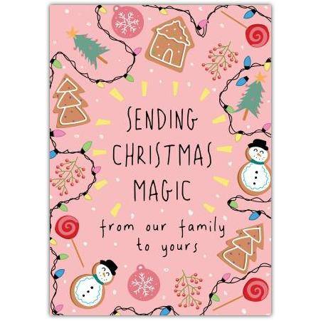 Sending Christmas Magic Family Greeting Card with Festive Gingerbread Snowman Design